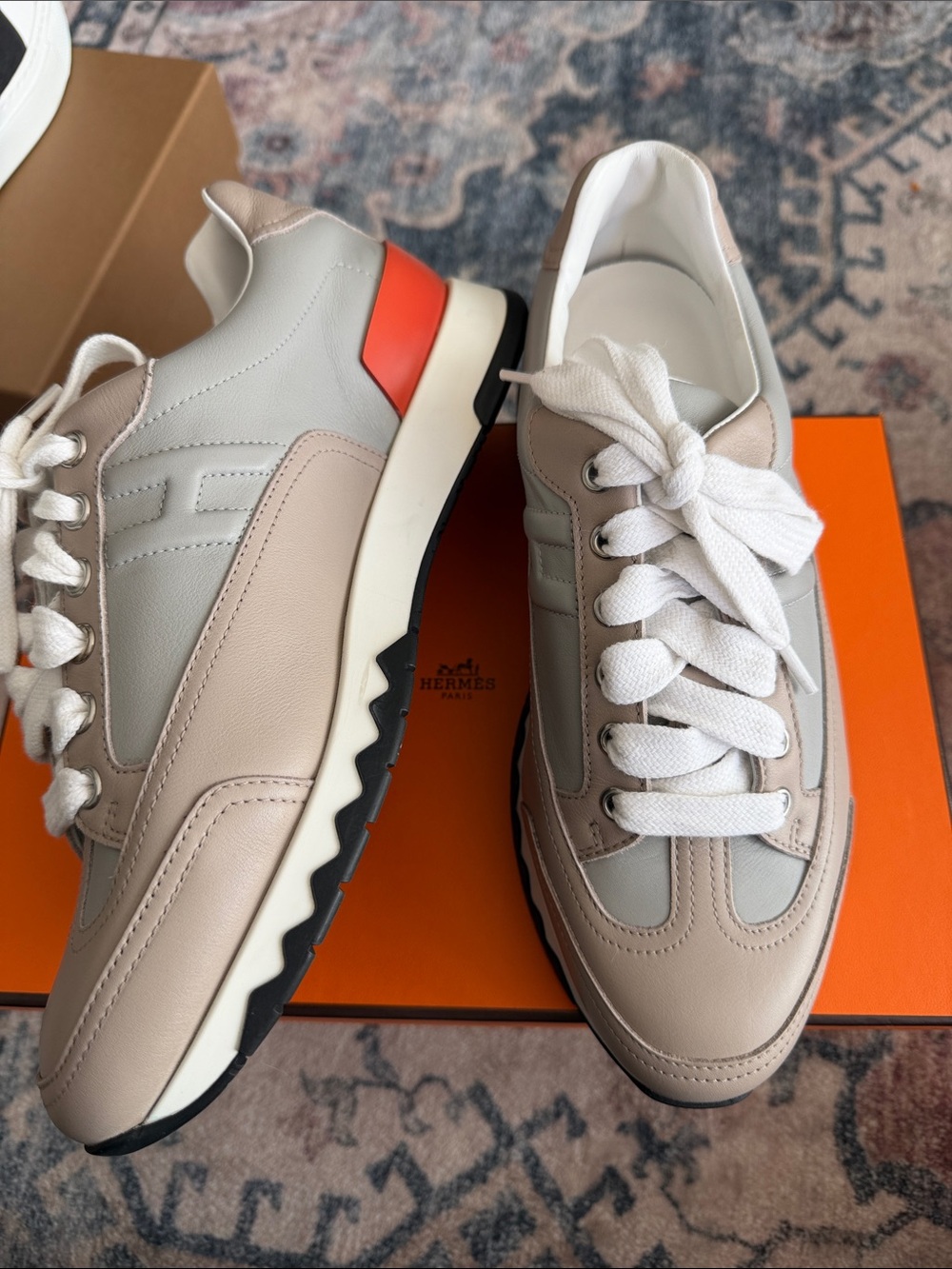 Hermes  Beige & Light Gray Low-Top Sneakers with Orange Accent